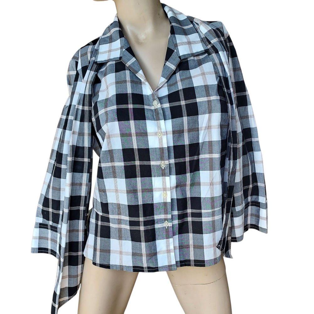 Jones NY Signature XL Women Top Plaid Long Sleeve Button Up Blouse W/ Scarf